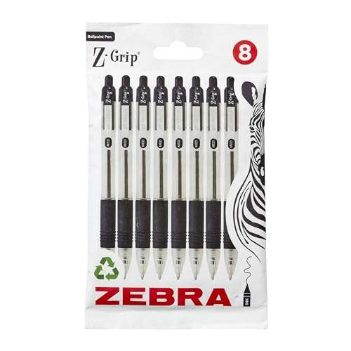 Zebra Pen Z Grip Black Ballpoint Pens with Pocket Clip, Retractable Black Ink Ballpoint Pens, Reliable Black Biro Pens Multipack, 8 Pack