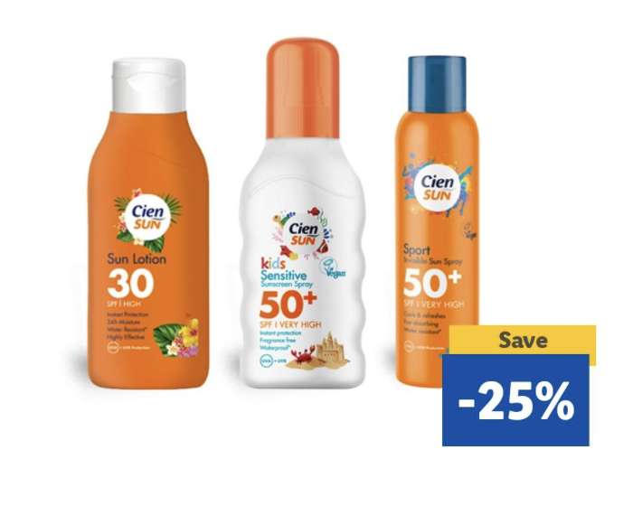 Up To 25% Off Lidl Suncream - Cien Sun Lotion SPF 50 250ml / Kids Sensitive SPF 50 Sun Cream £2.47 & More Via Lidl Plus App