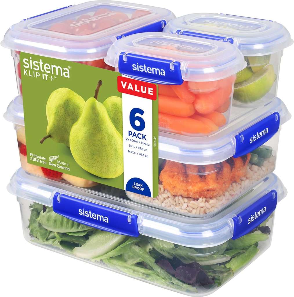 Sistema KLIP IT PLUS Leakproof Food Storage Containers, 2.2L, 1L, 400ml, Airtight & Stackable with Lids, BPA-Free, 6 Count (Prime Deal)