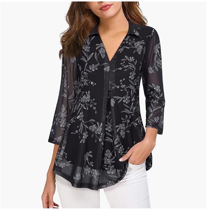 VALOLIA 3/4 Sleeve Women's Summer Casual V Neck Shirt Draped Sheer Shirt