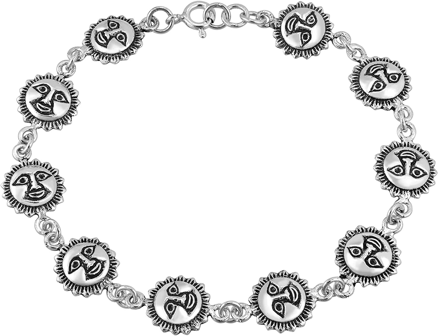AeraVida Cute Shaman Sunny Face Links 925 Sterling Silver Bracelet | Sun Face Designs | Cute Casual Accessories | Sterling Silver Bangle Bracelets | Women's Bracelets |